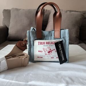 True Religion Denim Tote Bag with Brown Handles